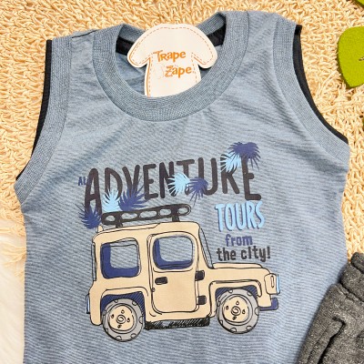  Conj. Regata Adventure e Bermuda em Moletinho - Azul Jeans e Chumbo